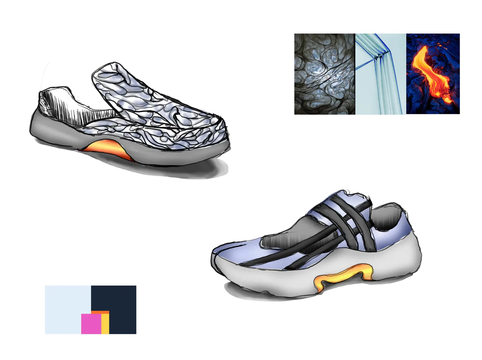 Sketches of the final shoe and the inspiration from the 6 word story that drove styling choices