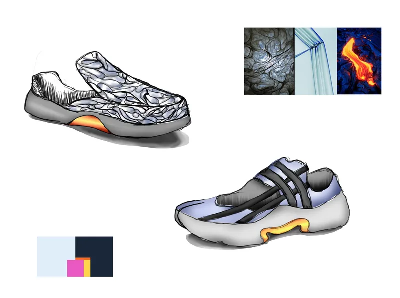 Sketches of the final shoe and the inspiration from the 6 word story that drove styling choices