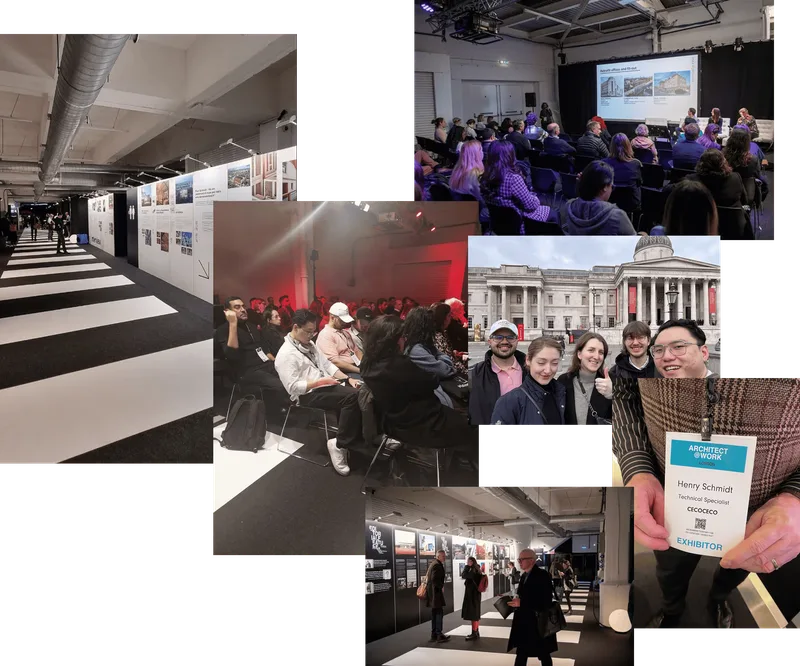 Multiple pictures of the team at the London Architect at Work expo