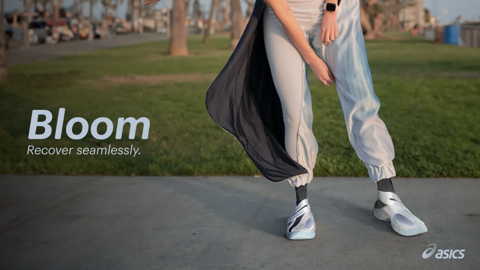 Project cover for the Asics Bloom project, showcasing the pants and the shoes and the slogan: Recover Seamlessly